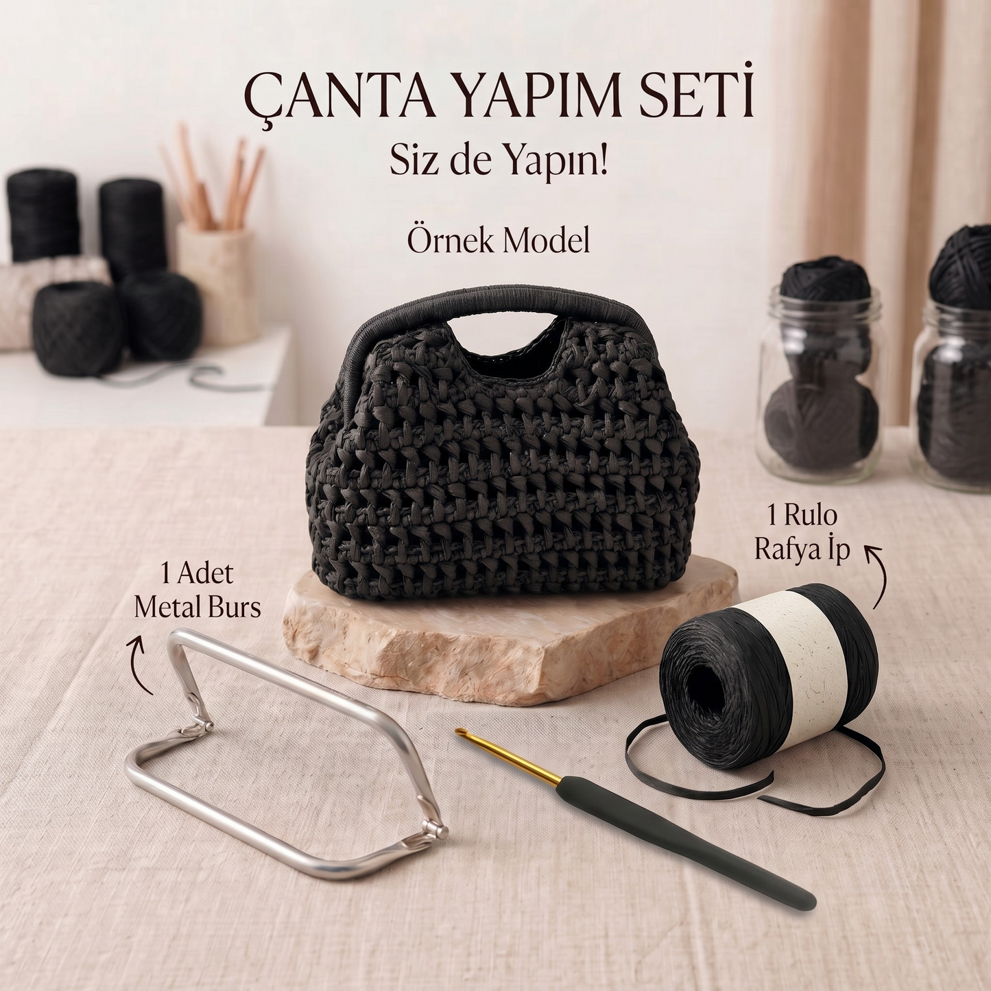 Burs + Rafya İp Çanta Örgü Seti
